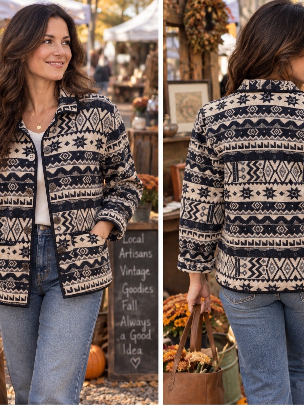 Jane Ashley Navy and Cream tribal geo Patterned Jacket